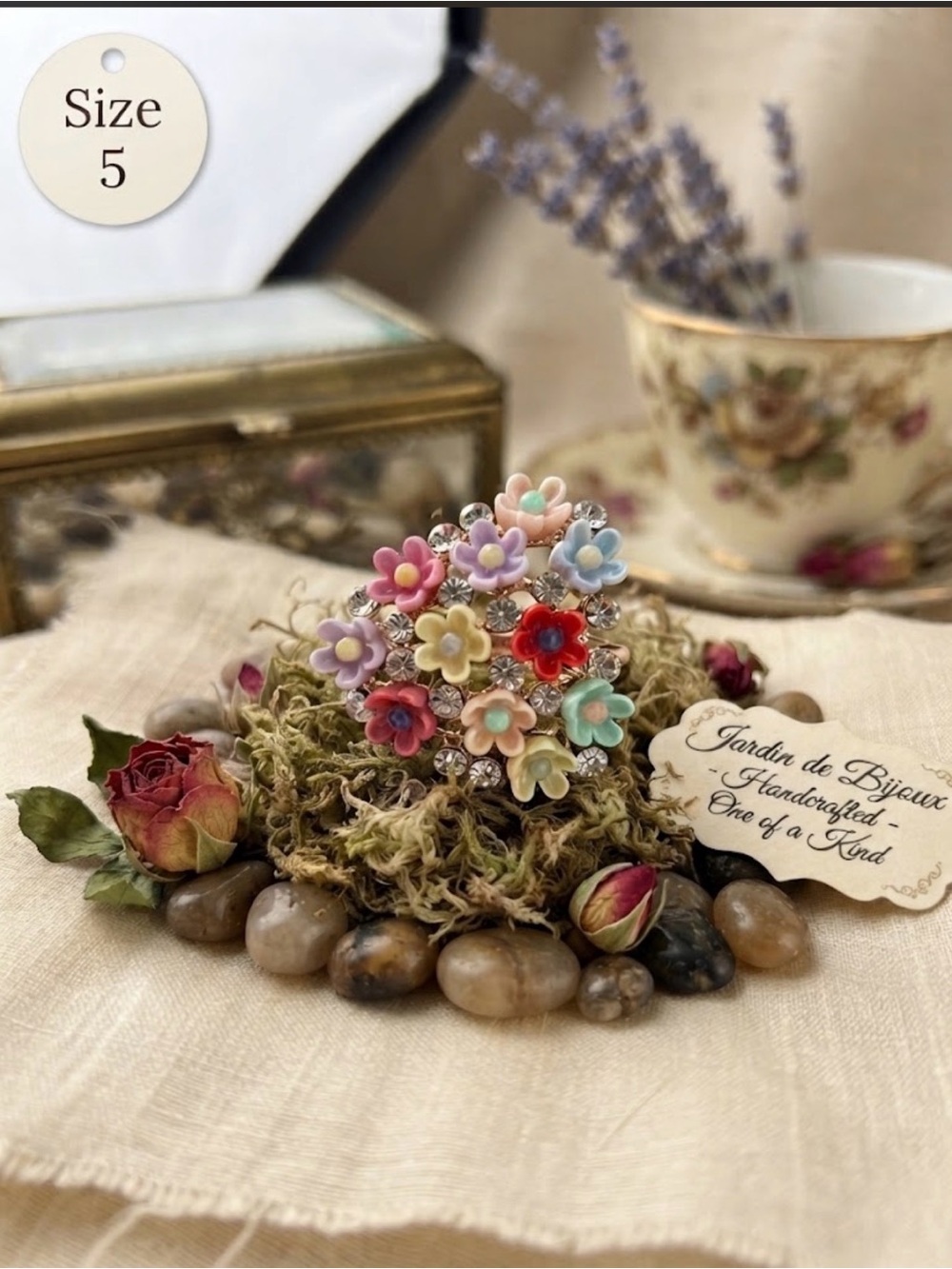 Handcrafted Multicolor Floral Cluster Ring — Size 5